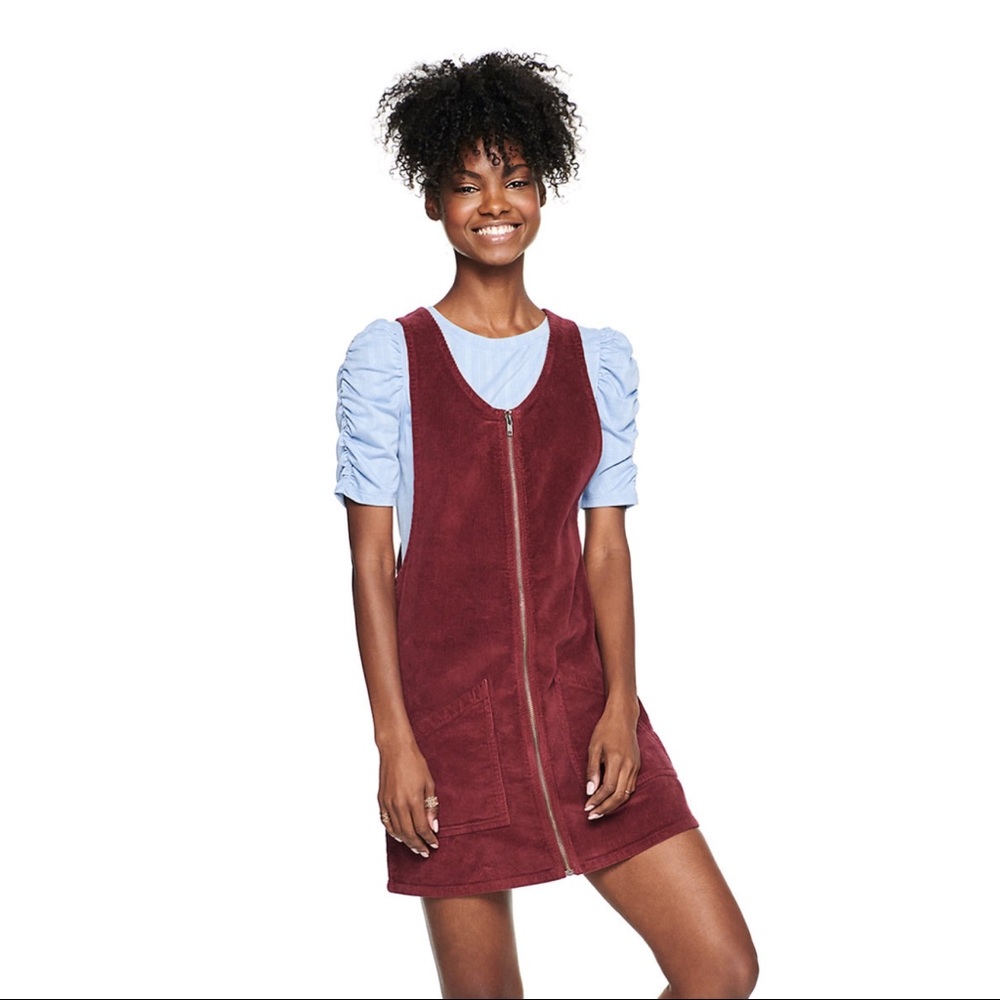 NWT SO Zip Down Woven Pinafore Dress Maroon Juniors Size S